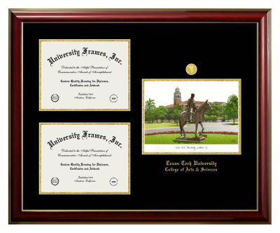 Texas Tech University College of Arts & Sciences Triple Opening with Campus Image Frame in Classic Mahogany with Gold Trim with Black & Gold Mats for document: 8 1/2"h x 11"w  , document: 8 1/2"h x 11"w  