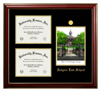 Rutgers Law School Triple Opening with Campus Image Frame in Classic Mahogany with Gold Trim with Black & Gold Mats for document: 8 1/2"h x 11"w  , document: 8 1/2"h x 11"w  