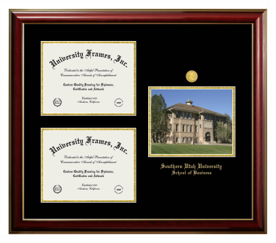 Southern Utah University School of Business Triple Opening with Campus Image Frame in Classic Mahogany with Gold Trim with Black & Gold Mats for document: 8 1/2"h x 11"w  , document: 8 1/2"h x 11"w  