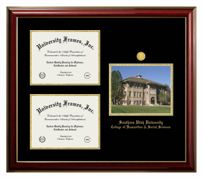 Southern Utah University College of Humanities & Social Sciences Triple Opening with Campus Image Frame in Classic Mahogany with Gold Trim with Black & Gold Mats for document: 8 1/2"h x 11"w  , document: 8 1/2"h x 11"w  