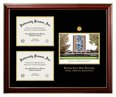 Bowling Green State University College of Business Administration Triple Opening with Campus Image Frame in Classic Mahogany with Gold Trim with Black & Gold Mats for document: 8 1/2"h x 11"w  , document: 8 1/2"h x 11"w  