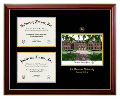 Old Dominion University Honors College Triple Opening with Campus Image Frame in Classic Mahogany with Gold Trim with Black & Gold Mats for document: 8 1/2"h x 11"w  , document: 8 1/2"h x 11"w  