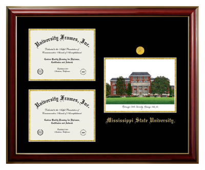 Mississippi State University Triple Opening with Campus Image Frame in Classic Mahogany with Gold Trim with Black & Gold Mats for document: 8 1/2"h x 11"w  , document: 8 1/2"h x 11"w  