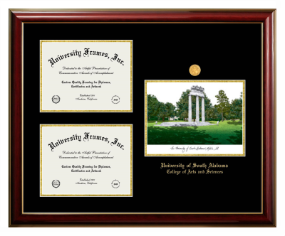 University of South Alabama College of Arts and Sciences Triple Opening with Campus Image Frame in Classic Mahogany with Gold Trim with Black & Gold Mats for document: 8 1/2"h x 11"w  , document: 8 1/2"h x 11"w  