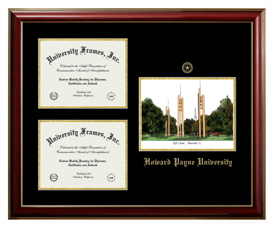 Howard Payne University Triple Opening with Campus Image Frame in Classic Mahogany with Gold Trim with Black & Gold Mats for document: 8 1/2"h x 11"w  , document: 8 1/2"h x 11"w  