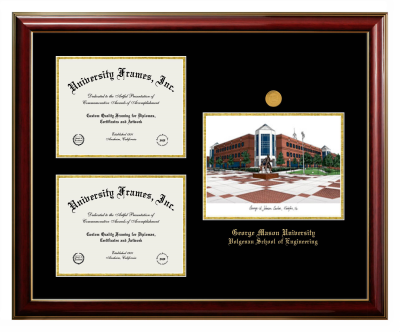 George Mason University Volgenau School of Engineering Triple Opening with Campus Image Frame in Classic Mahogany with Gold Trim with Black & Gold Mats for document: 8 1/2"h x 11"w  , document: 8 1/2"h x 11"w  