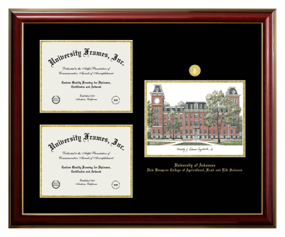 University of Arkansas (Fayetteville) Dale Bumpers College of Agricultural, Food and Life Sciences Triple Opening with Campus Image Frame in Classic Mahogany with Gold Trim with Black & Gold Mats for document: 8 1/2"h x 11"w  , document: 8 1/2"h x 11"w  