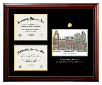 University of Arkansas (Fayetteville) Sam M. Walton College of Business Triple Opening with Campus Image Frame in Classic Mahogany with Gold Trim with Black & Gold Mats for document: 8 1/2"h x 11"w  , document: 8 1/2"h x 11"w  