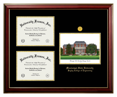 Mississippi State University Bagley College of Engineering Triple Opening with Campus Image Frame in Classic Mahogany with Gold Trim with Black & Gold Mats for document: 8 1/2"h x 11"w  , document: 8 1/2"h x 11"w  