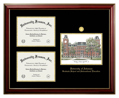 University of Arkansas (Fayetteville) Graduate School and International Education Triple Opening with Campus Image Frame in Classic Mahogany with Gold Trim with Black & Gold Mats for document: 8 1/2"h x 11"w  , document: 8 1/2"h x 11"w  