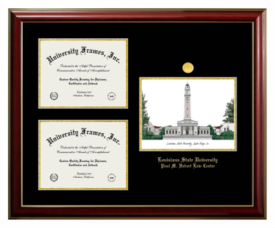Louisiana State University Paul M. Hebert Law Center Triple Opening with Campus Image Frame in Classic Mahogany with Gold Trim with Black & Gold Mats for document: 8 1/2"h x 11"w  , document: 8 1/2"h x 11"w  
