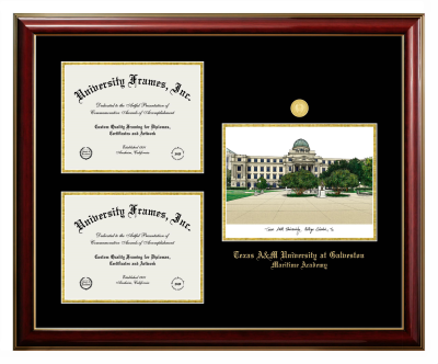 Texas A&M University at Galveston Maritime Academy Triple Opening with Campus Image Frame in Classic Mahogany with Gold Trim with Black & Gold Mats for document: 8 1/2"h x 11"w  , document: 8 1/2"h x 11"w  