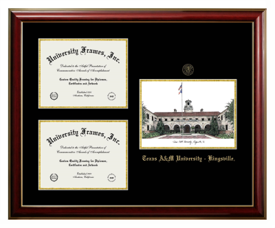 Texas A&M University - Kingsville Triple Opening with Campus Image Frame in Classic Mahogany with Gold Trim with Black & Gold Mats for document: 8 1/2"h x 11"w  , document: 8 1/2"h x 11"w  