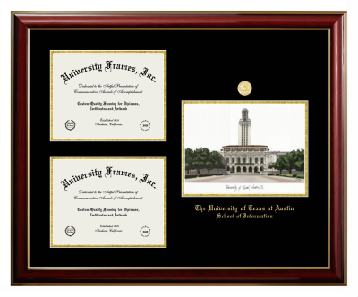 University of Texas at Austin School of Information Triple Opening with Campus Image Frame in Classic Mahogany with Gold Trim with Black & Gold Mats for document: 8 1/2"h x 11"w  , document: 8 1/2"h x 11"w  