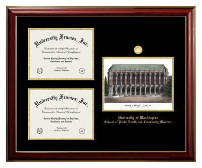 University of Washington School of Public Health and Community Medicine Triple Opening with Campus Image Frame in Classic Mahogany with Gold Trim with Black & Gold Mats for document: 8 1/2"h x 11"w  , document: 8 1/2"h x 11"w  