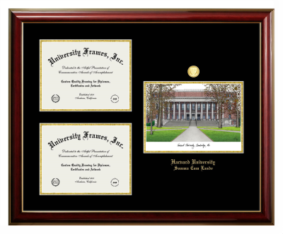 Harvard University Summa Cum Laude Triple Opening with Campus Image Frame in Classic Mahogany with Gold Trim with Black & Gold Mats for document: 8 1/2"h x 11"w  , document: 8 1/2"h x 11"w  