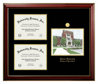 Purdue University College of Agriculture Triple Opening with Campus Image Frame in Classic Mahogany with Gold Trim with Black & Gold Mats for document: 8 1/2"h x 11"w  , document: 8 1/2"h x 11"w  