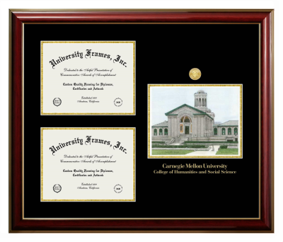 Carnegie Mellon University College of Humanities and Social Sciences Triple Opening with Campus Image Frame in Classic Mahogany with Gold Trim with Black & Gold Mats for document: 8 1/2"h x 11"w  , document: 8 1/2"h x 11"w  