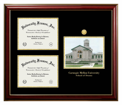 Carnegie Mellon University School of Drama Triple Opening with Campus Image Frame in Classic Mahogany with Gold Trim with Black & Gold Mats for document: 8 1/2"h x 11"w  , document: 8 1/2"h x 11"w  