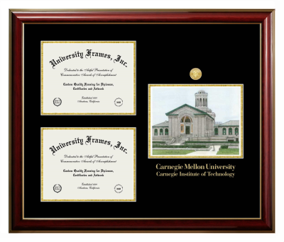 Carnegie Mellon University Carnegie Institute of Technology Triple Opening with Campus Image Frame in Classic Mahogany with Gold Trim with Black & Gold Mats for document: 8 1/2"h x 11"w  , document: 8 1/2"h x 11"w  