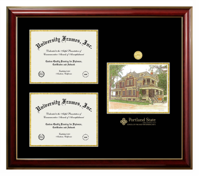 Portland State University School of Fine and Performing Arts Triple Opening with Campus Image Frame in Classic Mahogany with Gold Trim with Black & Gold Mats for document: 8 1/2"h x 11"w  , document: 8 1/2"h x 11"w  