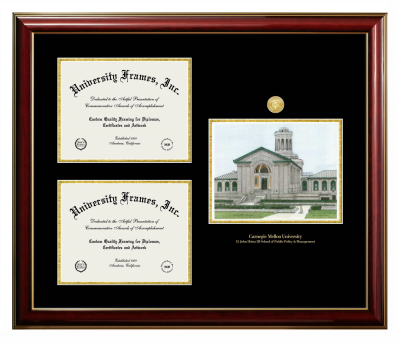 Carnegie Mellon University H. John Heinz III School of Public Policy and Management Triple Opening with Campus Image Frame in Classic Mahogany with Gold Trim with Black & Gold Mats for document: 8 1/2"h x 11"w  , document: 8 1/2"h x 11"w  