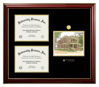 Portland State University University Honors College Triple Opening with Campus Image Frame in Classic Mahogany with Gold Trim with Black & Gold Mats for document: 8 1/2"h x 11"w  , document: 8 1/2"h x 11"w  