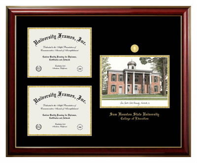Sam Houston State University College of Education Triple Opening with Campus Image Frame in Classic Mahogany with Gold Trim with Black & Gold Mats for document: 8 1/2"h x 11"w  , document: 8 1/2"h x 11"w  