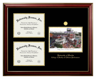 University of Florida College of Health and Human Performance Triple Opening with Campus Image Frame in Classic Mahogany with Gold Trim with Black & Gold Mats for document: 8 1/2"h x 11"w  , document: 8 1/2"h x 11"w  