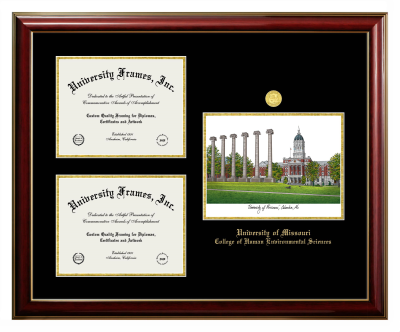 University of Missouri College of Human Environmental Sciences Triple Opening with Campus Image Frame in Classic Mahogany with Gold Trim with Black & Gold Mats for document: 8 1/2"h x 11"w  , document: 8 1/2"h x 11"w  