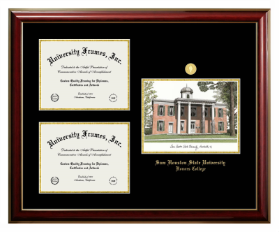 Sam Houston State University Honors College Triple Opening with Campus Image Frame in Classic Mahogany with Gold Trim with Black & Gold Mats for document: 8 1/2"h x 11"w  , document: 8 1/2"h x 11"w  