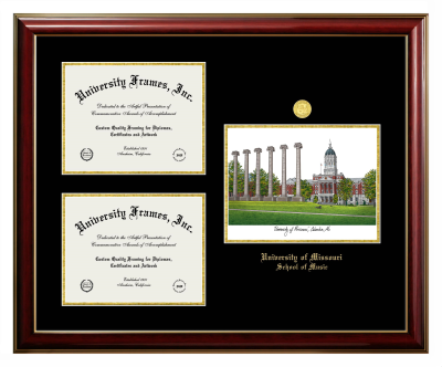 University of Missouri School of Music Triple Opening with Campus Image Frame in Classic Mahogany with Gold Trim with Black & Gold Mats for document: 8 1/2"h x 11"w  , document: 8 1/2"h x 11"w  