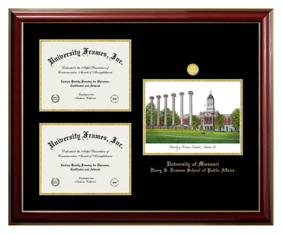 University of Missouri Harry S. Truman School of Public Affairs Triple Opening with Campus Image Frame in Classic Mahogany with Gold Trim with Black & Gold Mats for document: 8 1/2"h x 11"w  , document: 8 1/2"h x 11"w  