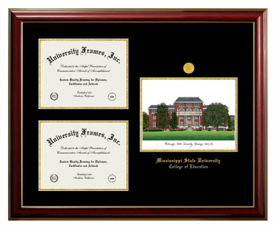 Mississippi State University College of Education Triple Opening with Campus Image Frame in Classic Mahogany with Gold Trim with Black & Gold Mats for document: 8 1/2"h x 11"w  , document: 8 1/2"h x 11"w  