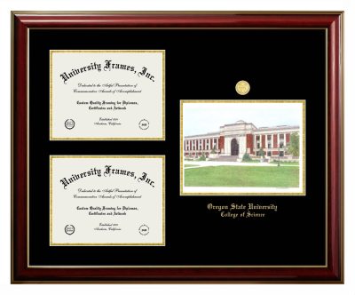 Oregon State University College of Science Triple Opening with Campus Image Frame in Classic Mahogany with Gold Trim with Black & Gold Mats for document: 8 1/2"h x 11"w  , document: 8 1/2"h x 11"w  