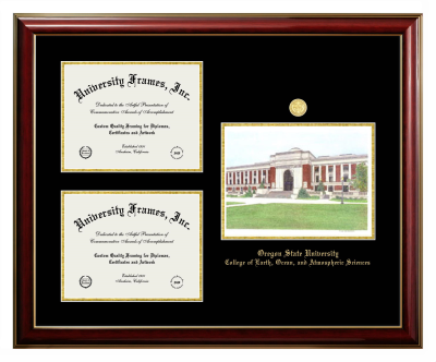 Oregon State University College of Earth, Ocean, and Atmospheric Sciences Triple Opening with Campus Image Frame in Classic Mahogany with Gold Trim with Black & Gold Mats for document: 8 1/2"h x 11"w  , document: 8 1/2"h x 11"w  