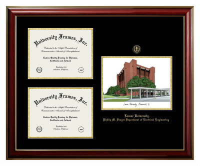 Lamar University Phillip M. Drayer Department of Electrical Engineering Triple Opening with Campus Image Frame in Classic Mahogany with Gold Trim with Black & Gold Mats for document: 8 1/2"h x 11"w  , document: 8 1/2"h x 11"w  