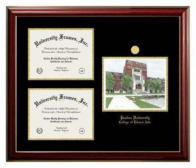 Purdue University College of Liberal Arts Triple Opening with Campus Image Frame in Classic Mahogany with Gold Trim with Black & Gold Mats for document: 8 1/2"h x 11"w  , document: 8 1/2"h x 11"w  