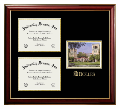 Bolles School Triple Opening with Campus Image Frame in Classic Mahogany with Gold Trim with Black & Gold Mats for document: 8 1/2"h x 11"w  , document: 8 1/2"h x 11"w  