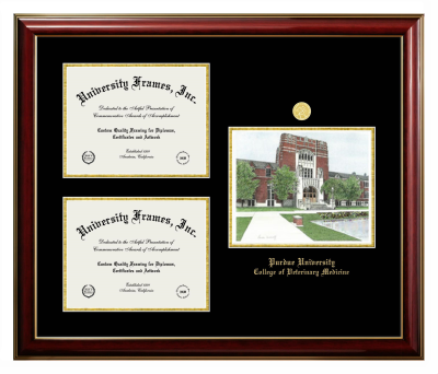Purdue University College of Veterinary Medicine Triple Opening with Campus Image Frame in Classic Mahogany with Gold Trim with Black & Gold Mats for document: 8 1/2"h x 11"w  , document: 8 1/2"h x 11"w  
