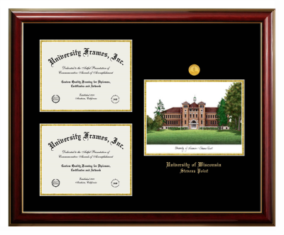 University of Wisconsin - Stevens Point Triple Opening with Campus Image Frame in Classic Mahogany with Gold Trim with Black & Gold Mats for document: 8 1/2"h x 11"w  , document: 8 1/2"h x 11"w  