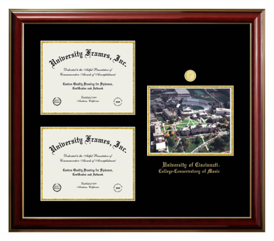 University of Cincinnati College-Conservatory of Music Triple Opening with Campus Image Frame in Classic Mahogany with Gold Trim with Black & Gold Mats for document: 8 1/2"h x 11"w  , document: 8 1/2"h x 11"w  