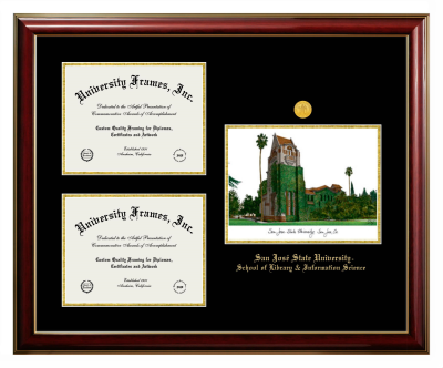 San Jose State University School of Library & Information Science Triple Opening with Campus Image Frame in Classic Mahogany with Gold Trim with Black & Gold Mats for document: 8 1/2"h x 11"w  , document: 8 1/2"h x 11"w  