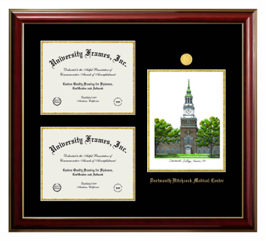 Dartmouth-Hitchcock Medical Center Triple Opening with Campus Image Frame in Classic Mahogany with Gold Trim with Black & Gold Mats for document: 8 1/2"h x 11"w  , document: 8 1/2"h x 11"w  