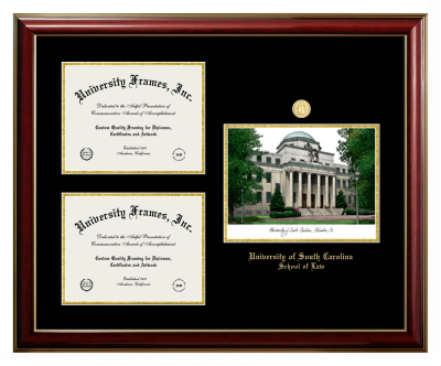 University of South Carolina School of Law Triple Opening with Campus Image Frame in Classic Mahogany with Gold Trim with Black & Gold Mats for document: 8 1/2"h x 11"w  , document: 8 1/2"h x 11"w  