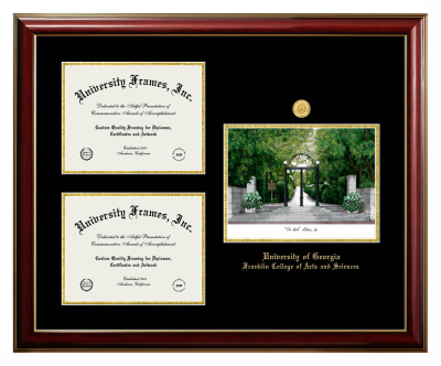 The University of Georgia Franklin College of Arts and Sciences Triple Opening with Campus Image Frame in Classic Mahogany with Gold Trim with Black & Gold Mats for document: 8 1/2"h x 11"w  , document: 8 1/2"h x 11"w  