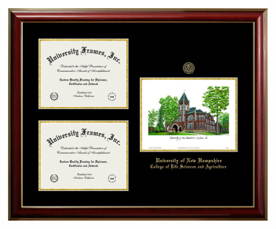 University of New Hampshire College of Life Sciences and Agriculture Triple Opening with Campus Image Frame in Classic Mahogany with Gold Trim with Black & Gold Mats for document: 8 1/2"h x 11"w  , document: 8 1/2"h x 11"w  