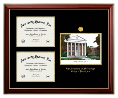 University of Mississippi College of Liberal Arts Triple Opening with Campus Image Frame in Classic Mahogany with Gold Trim with Black & Gold Mats for document: 8 1/2"h x 11"w  , document: 8 1/2"h x 11"w  
