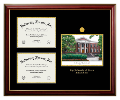 University of Akron School of Law Triple Opening with Campus Image Frame in Classic Mahogany with Gold Trim with Black & Gold Mats for document: 8 1/2"h x 11"w  , document: 8 1/2"h x 11"w  