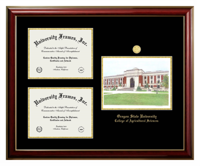 Oregon State University College of Agricultural Sciences Triple Opening with Campus Image Frame in Classic Mahogany with Gold Trim with Black & Gold Mats for document: 8 1/2"h x 11"w  , document: 8 1/2"h x 11"w  
